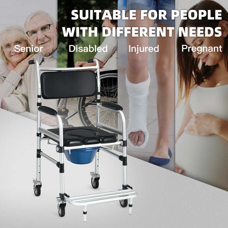 Eletriclife 2-in-1 Aluminum Commode Shower Wheelchair with Locking Casters