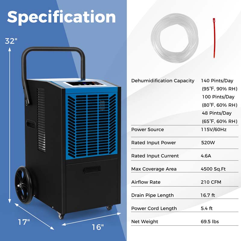 Eletriclife 140 Pints Commercial Dehumidifier Crawl Space Dehumidifier with Pump and Drain Hose