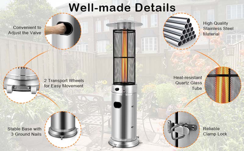Eletriclife 34000 BTU Stainless Steel Standing Round Glass Tube Propane Patio Heater