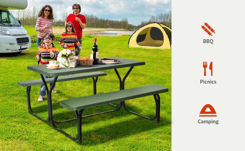 Eletriclife All Weather Outdoor Picnic Table Bench Set with Metal Base Wood