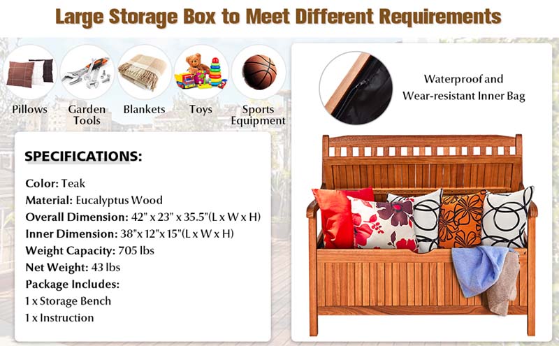 Eletriclife 42 Inch Storage Deck Box Solid Wood Seating Container