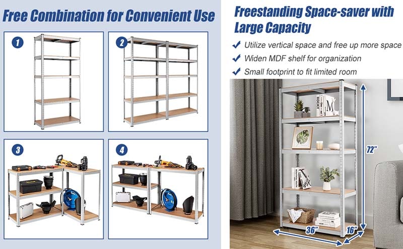 Eletriclife 36 x 72 Inch Adjustable 5-Layer 2000 lbs Capacity Storage Shelf Gray