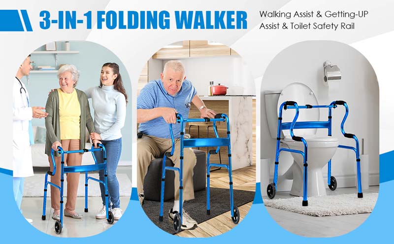 Eletriclife Adjustable Heavy-Duty Folding Walker with Wheels and Armrests