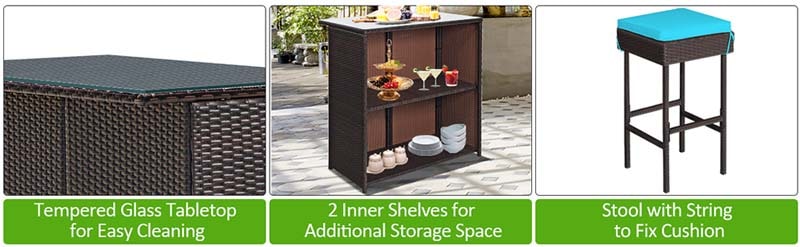 Eletriclife 3 Pieces Patio Rattan Wicker Bar Table Stools Dining Set