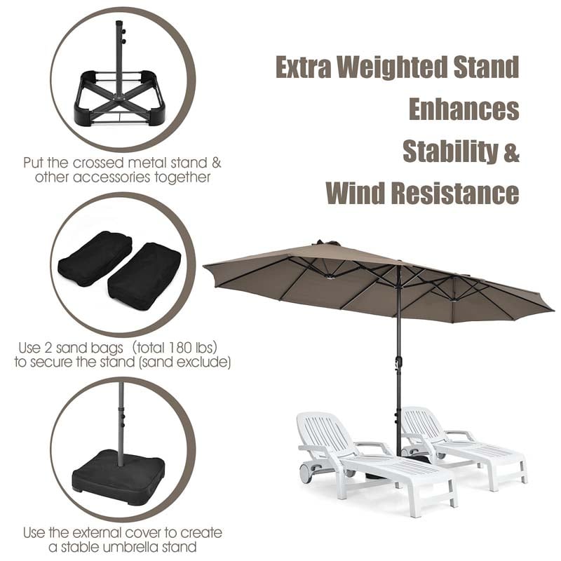 Eletriclife 15 Feet Double-Sided Twin Patio Umbrella with Crank and Base