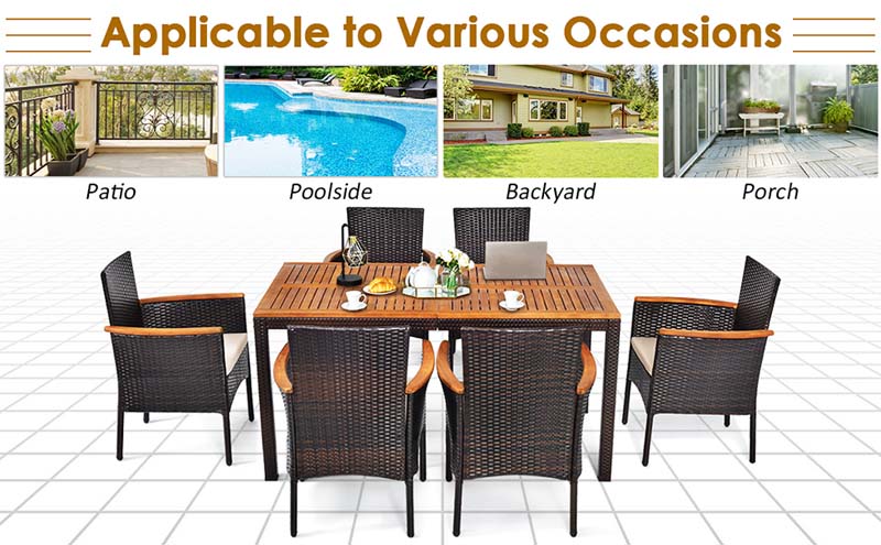 Eletriclife 7 Pieces Patio Rattan Dining Set with Armrest Cushioned Chair and Wooden Tabletop