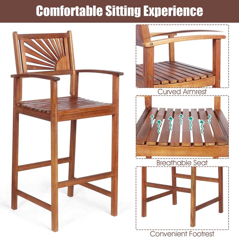 Eletriclife 2 Pieces Outdoor Acacia Wood Bar Chairs with Sunflower Backrest and Armrests