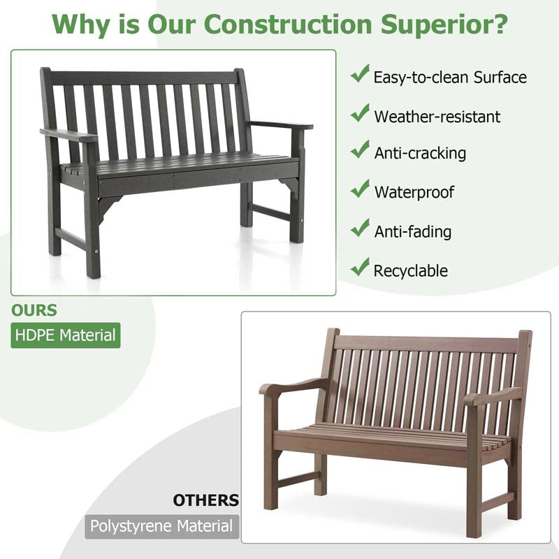 Eletriclife All-Weather HDPE 2-Person Garden Bench with Backrest and Armrests