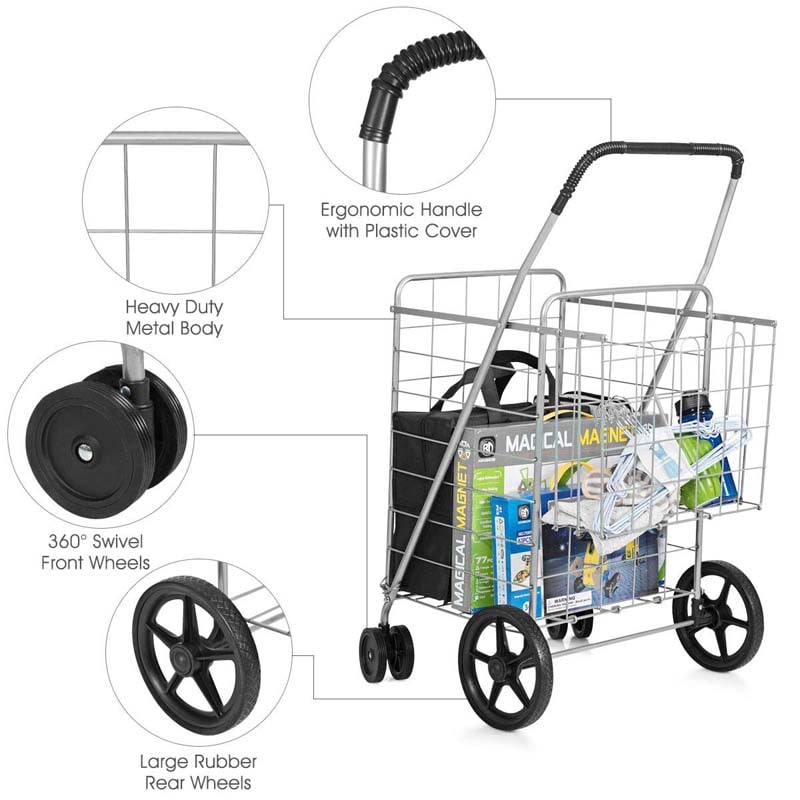 Eletriclife Folding Shopping Cart with Swiveling Wheels and Dual Storage Baskets