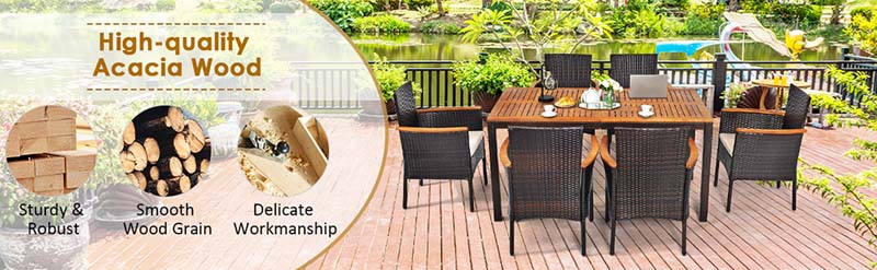 Eletriclife 7 Pieces Patio Rattan Dining Set with Armrest Cushioned Chair and Wooden Tabletop