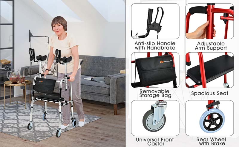 Eletriclife Folding Auxiliary Walker Rollator with Flip-Up Brakes and Seat Bag