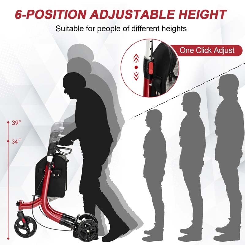 Eletriclife 3-Wheel Rolling Walker with Adjustable Handle Red