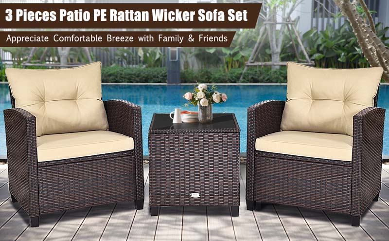 Eletriclife 3 Pieces Patio Rattan Furniture Set with Cushion