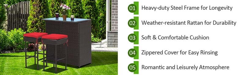 Eletriclife 3 Pieces Patio Rattan Wicker Bar Table Stools Dining Set