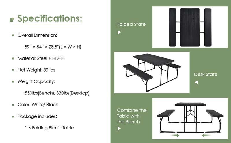 Eletriclife Indoor and Outdoor Folding Picnic Table Bench Set with Wood-like Texture