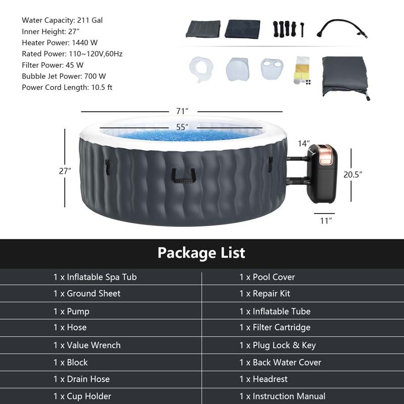 Eletriclife 4 Person Inflatable Hot Tub Spa with 108 Massage Bubble Jets