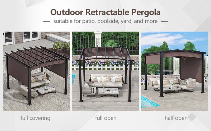 Eletriclife 10 x 10 Feet Patio Pergola Gazebo Sun Shade Shelter with Retractable Canopy