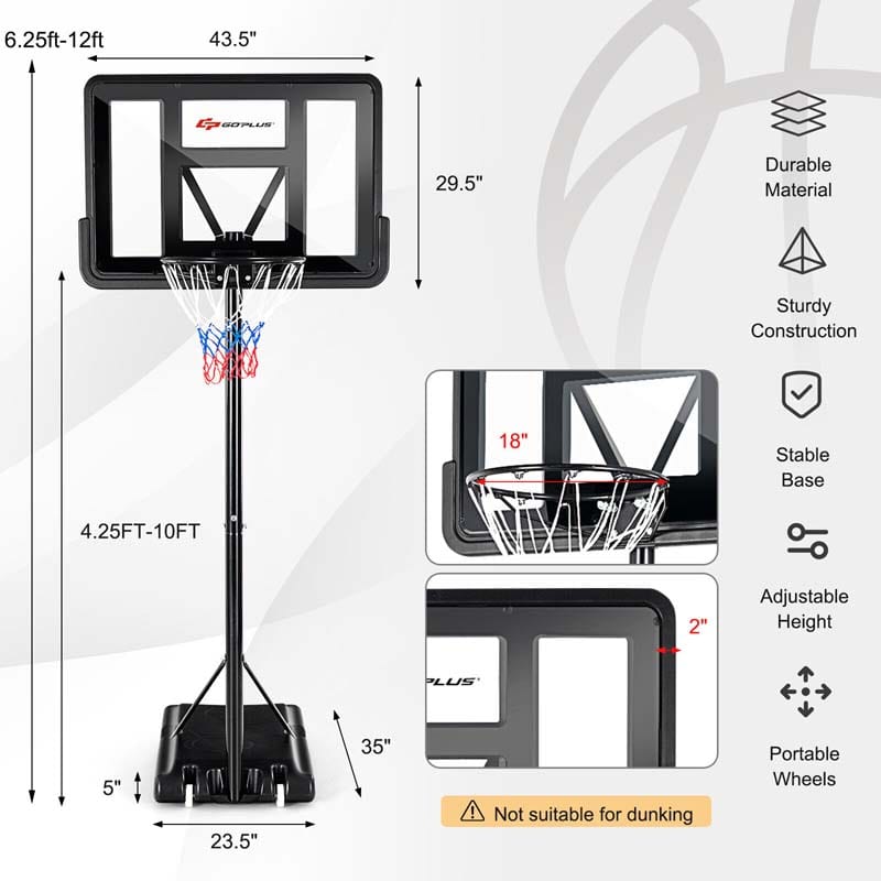 Eletriclife 4.5FT-10FT Height Adjustable Basketball Goal System with 44 Inch Shatterproof Backboard