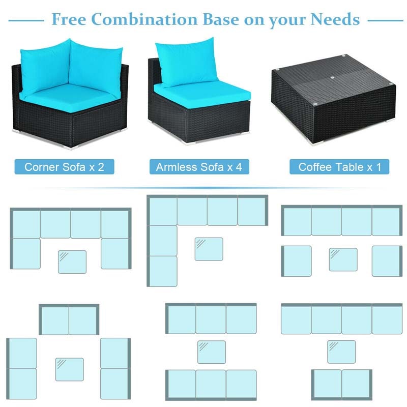 Eletriclife 7 Pieces Sectional Wicker Furniture Sofa Set with Tempered Glass Top