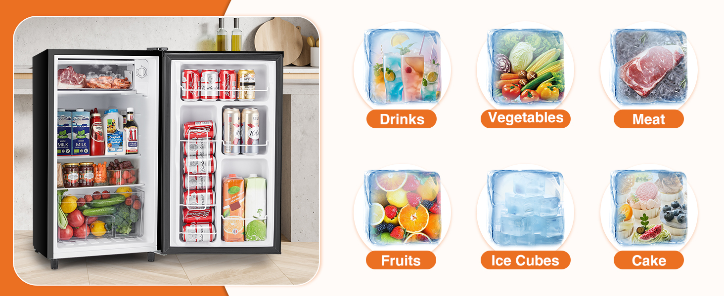 3.2 Cu.Ft Mini Fridge with Freezer Small Refrigerator Single Door Energy-efficient Low Noise