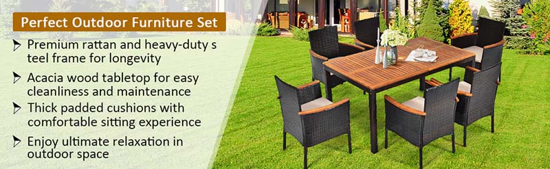 Eletriclife 7 Pieces Patio Rattan Dining Set with Armrest Cushioned Chair and Wooden Tabletop
