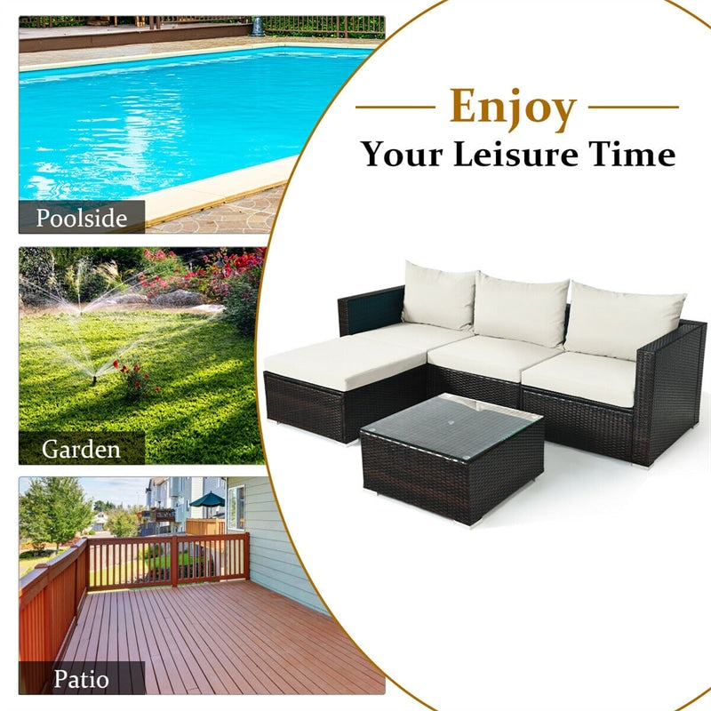 Eletriclife 5 Pcs Rattan Patio Sectional Sofa Set with Cushions & Coffee Table