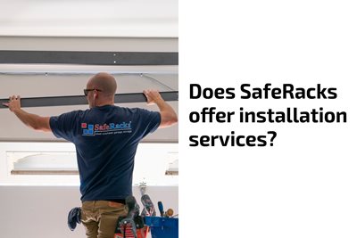 SafeRacks overhead rack being install by a SafeRacks certified installer. Text to right says "does saferacks offer installation services?"