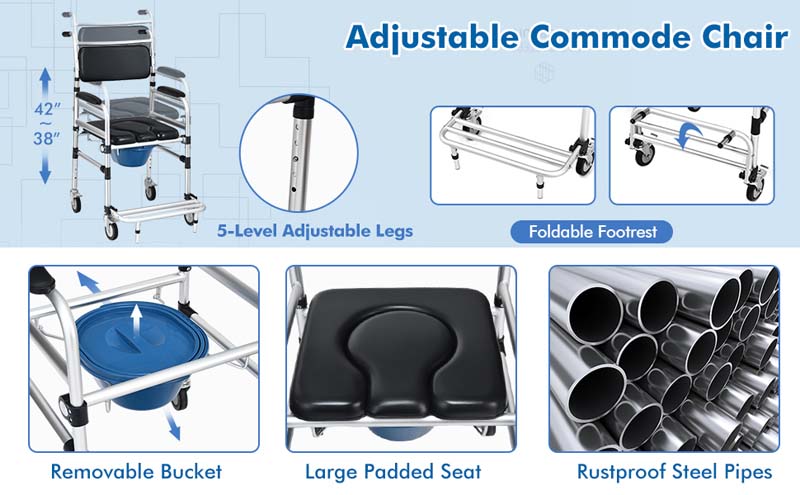 Eletriclife 2-in-1 Aluminum Commode Shower Wheelchair with Locking Casters