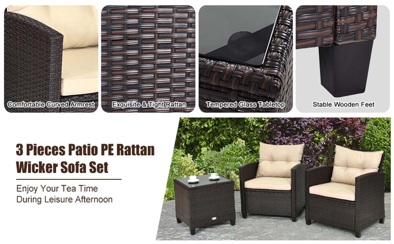 Eletriclife 3 Pieces Patio Rattan Furniture Set with Cushion