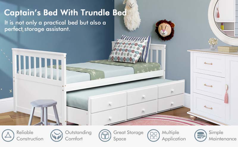 Eletriclife Twin Captain's Bed with Trundle and 3 Storage Drawers