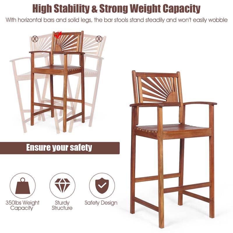 Eletriclife 2 Pieces Outdoor Acacia Wood Bar Chairs with Sunflower Backrest and Armrests