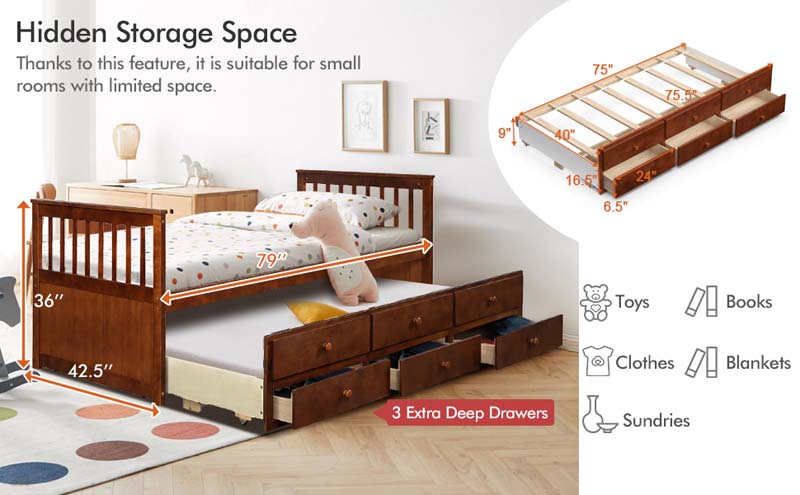 Eletriclife Twin Captain's Bed with Trundle and 3 Storage Drawers