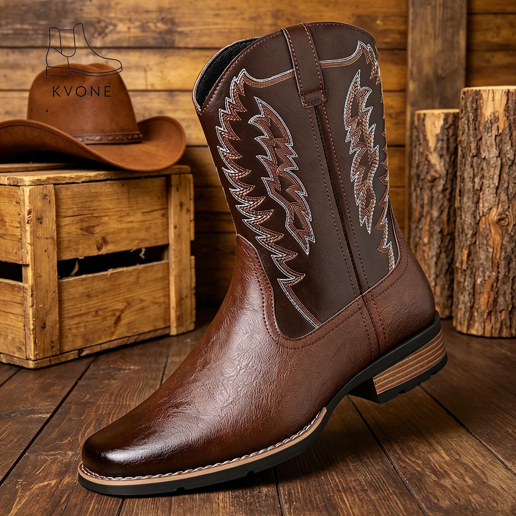 KVONE Men's Fashion Cowboy Boots — men's cowboy boots crafted with Western embroidery techniques, featuring a non-slip pointed toe design, thick sole, and short shaft style. Durable and long-lasting, classic retro style. Men's Shoes botines cowboy boot ou