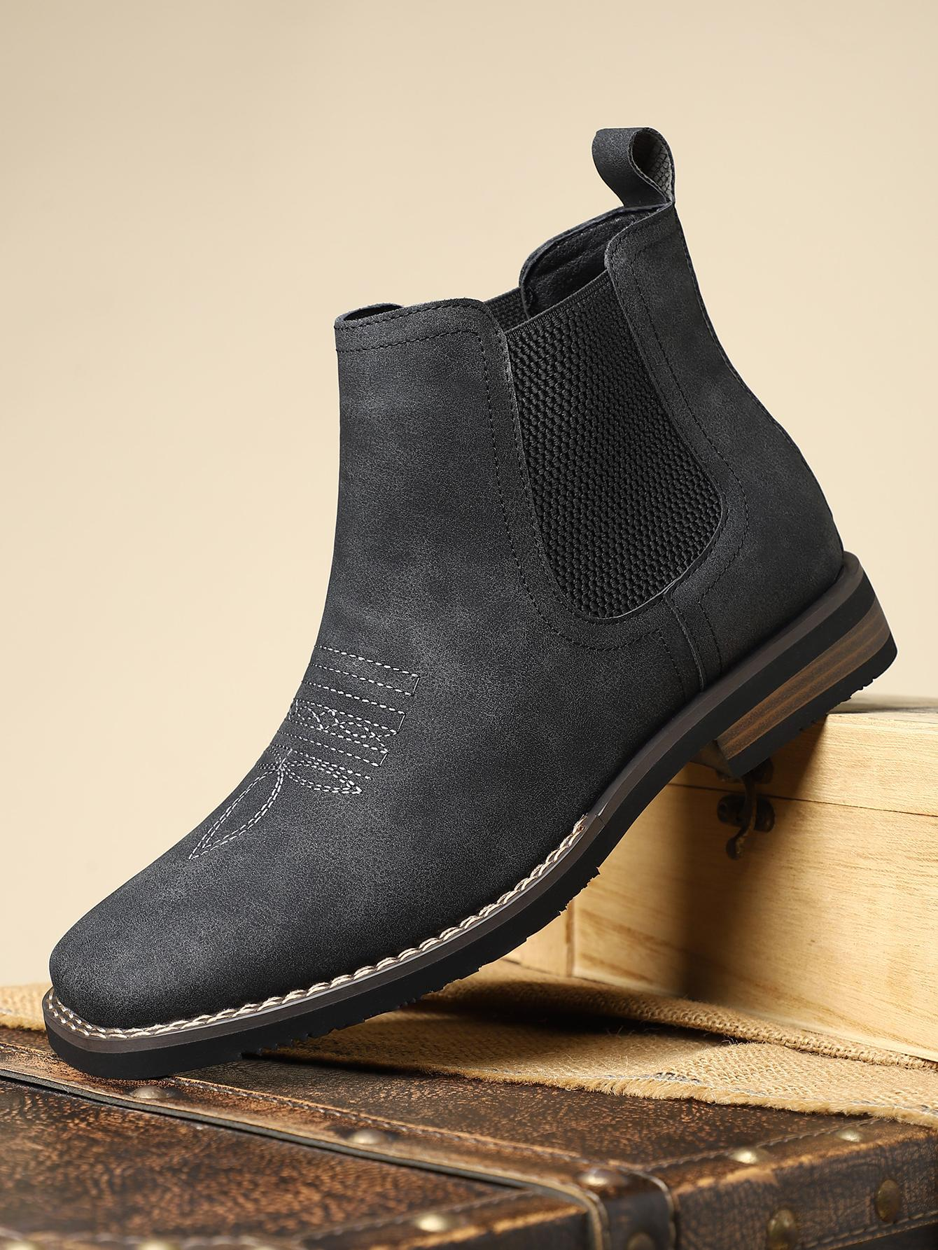 Men’s leather boots; comfortable, safe footwear; square-toe Chelsea ankle boots; Western-style boots; multifunctional men’s Chelsea casual boots; business style; fashion style; versatile style; embroidered men’s Chelsea chukka boots suitable for country w