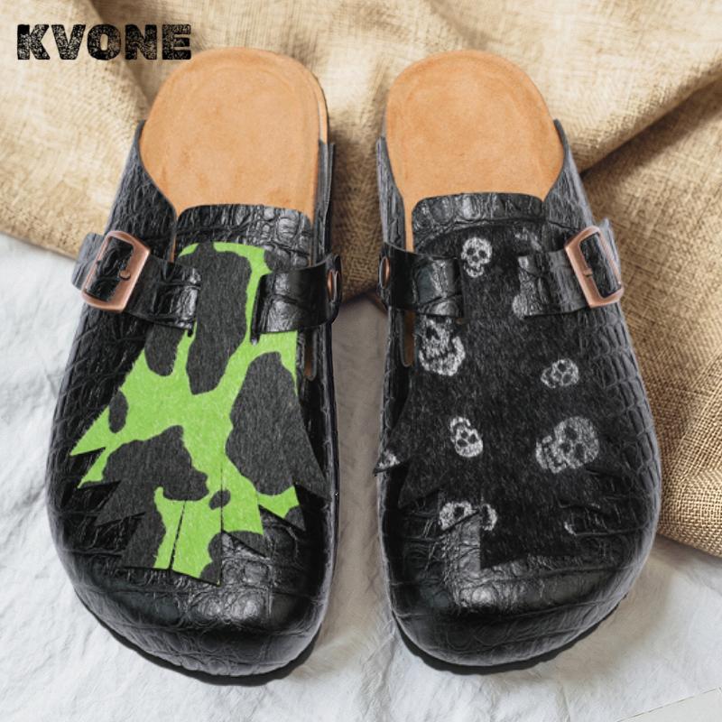 KVONE Clogs for Men, Elegant Crocodile Pattern Slip On Mules with Arch Support, Casual Summer Walking Shoes with Adjustable Strap, Footwear, Design, Buckle, Wooden, Round Toe, Pu Leather, Flat Heel