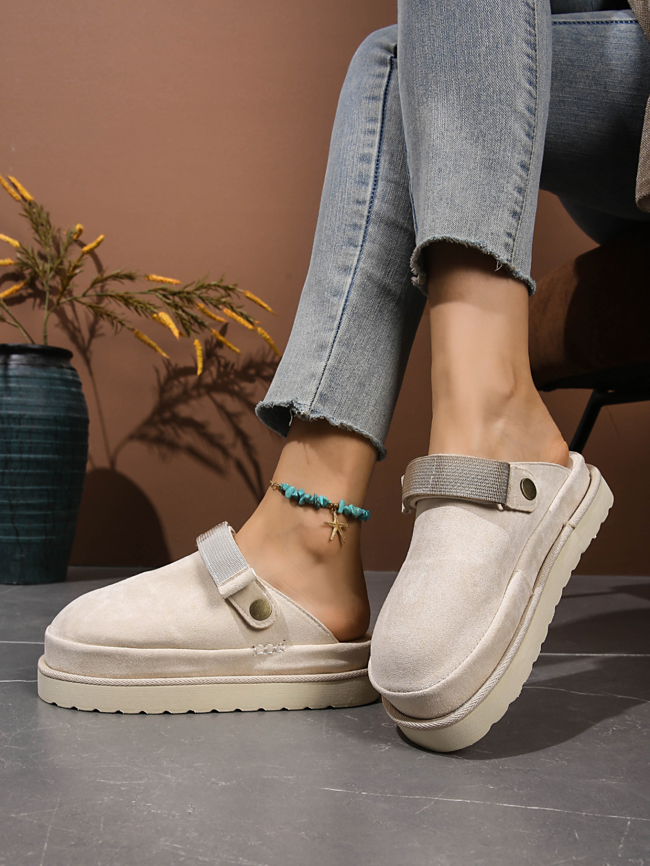 Birkenstock-Style Closed-Toe Mules | Faux Suede Platform Mules with Adjustable Heel Strap – Casual Indoor/Outdoor Slip-Ons