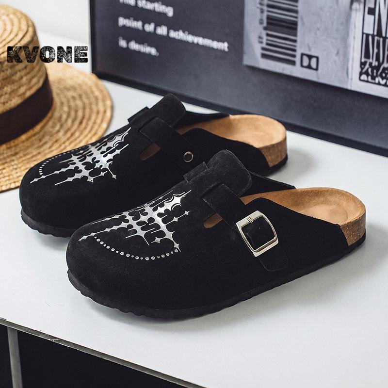 KVONE-Men's and Women's Suede Leather Clogs with Adjustable Strap,arch support flat buckle Mules, Minimalist Slip-On Slippers,House toe shoes,Round Toe Cork Footbed home clog slipper, Star pattern Cross for Streetwear & Daily Wear