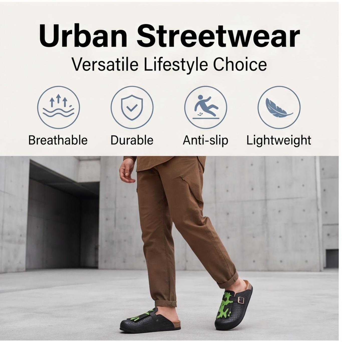 KVONE Clogs for Men, Elegant Crocodile Pattern Slip On Mules with Arch Support, Casual Summer Walking Shoes with Adjustable Strap, Footwear, Design, Buckle, Wooden, Round Toe, Pu Leather, Flat Heel