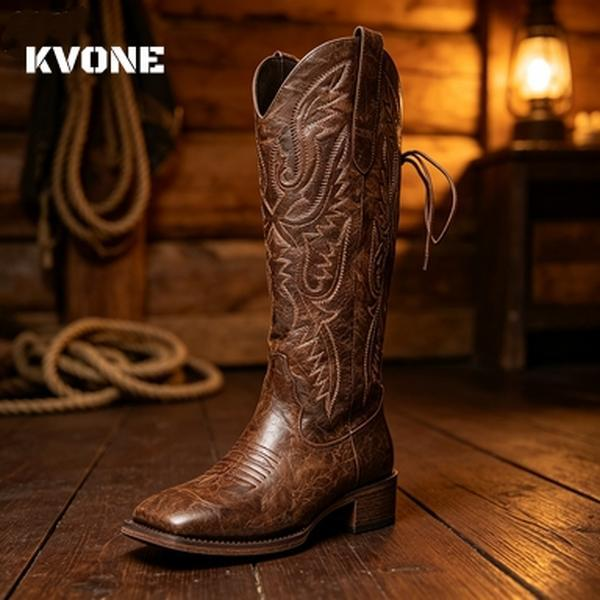 KVONE-Cowboy Boots For Women Knee High Cowgirl Boots,comfortable security footwear,Stylish Western Boots.Side zipper, heel lacing design, convenient for putting on and taking off