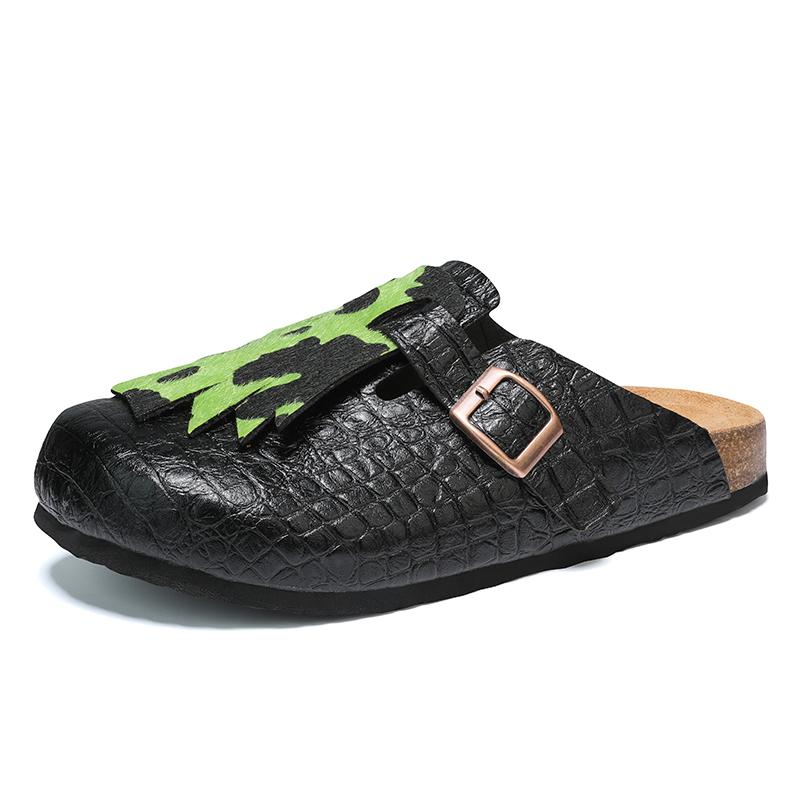 KVONE Clogs for Men, Elegant Crocodile Pattern Slip On Mules with Arch Support, Casual Summer Walking Shoes with Adjustable Strap, Footwear, Design, Buckle, Wooden, Round Toe, Pu Leather, Flat Heel
