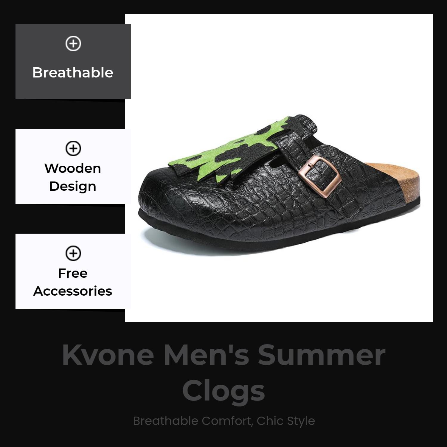 KVONE Clogs for Men, Elegant Crocodile Pattern Slip On Mules with Arch Support, Casual Summer Walking Shoes with Adjustable Strap, Footwear, Design, Buckle, Wooden, Round Toe, Pu Leather, Flat Heel