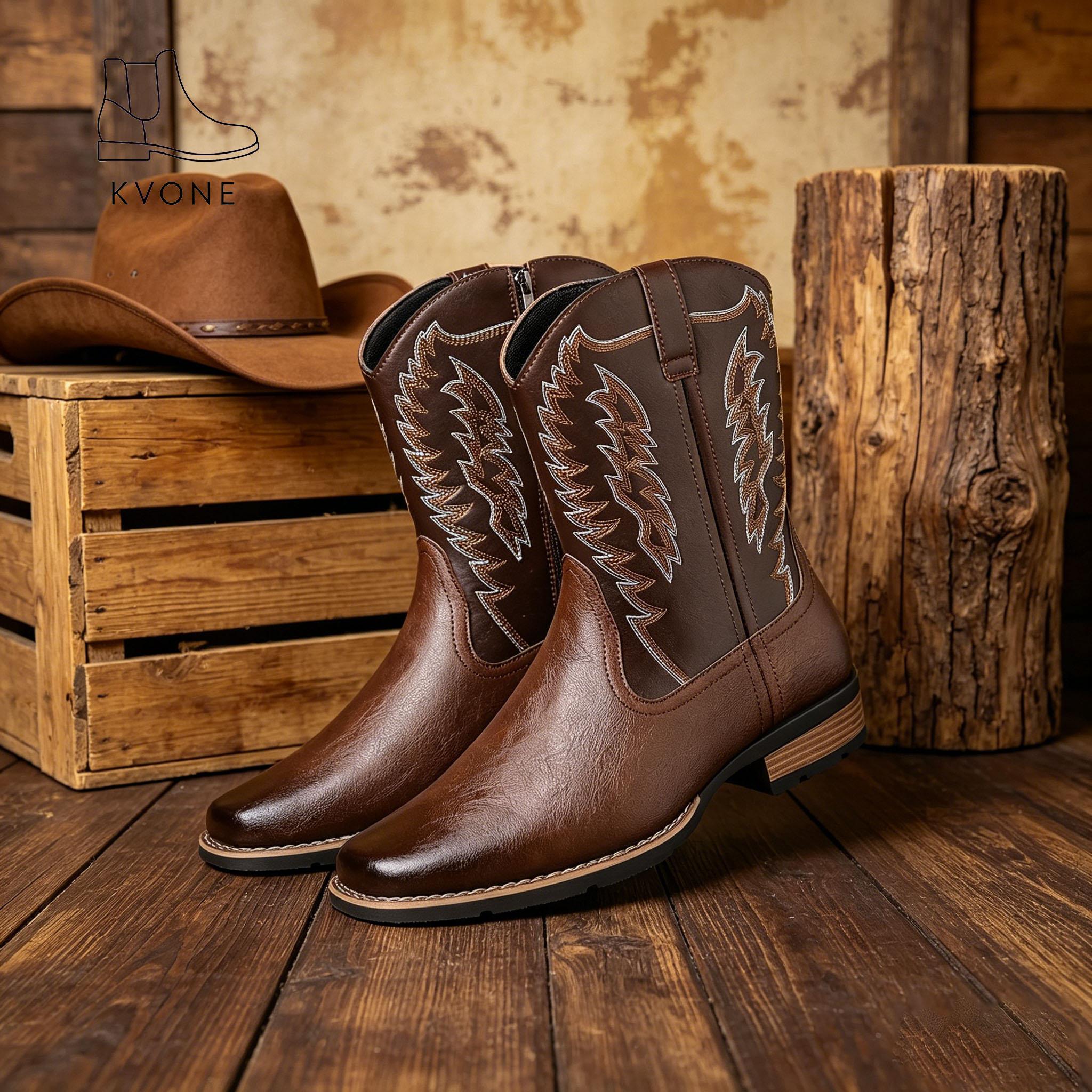 KVONE Men's Fashion Cowboy Boots — men's cowboy boots crafted with Western embroidery techniques, featuring a non-slip pointed toe design, thick sole, and short shaft style. Durable and long-lasting, classic retro style. Men's Shoes botines cowboy boot ou