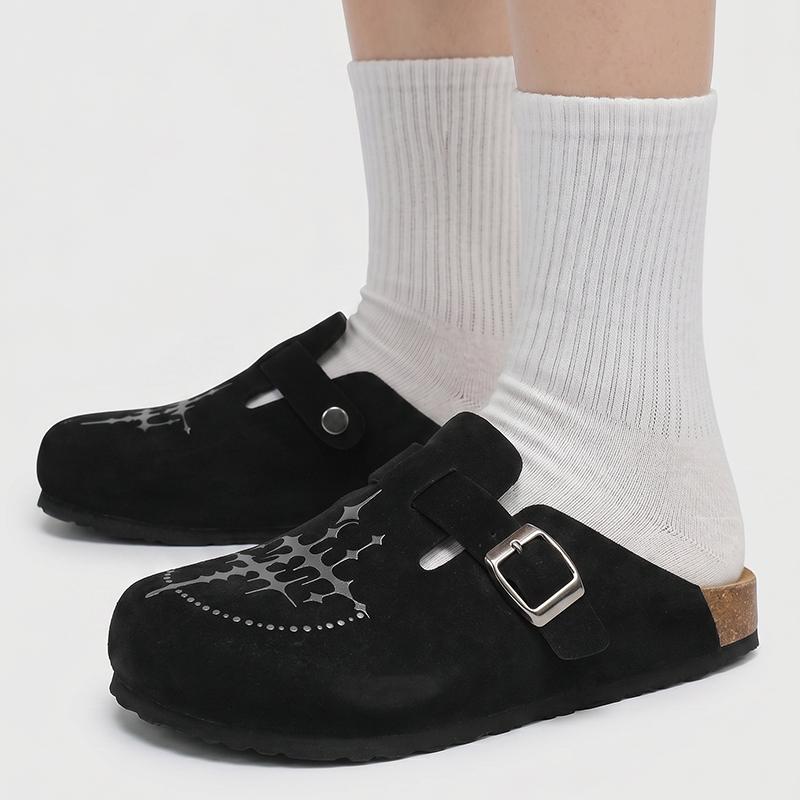 KVONE-Men's and Women's Suede Leather Clogs with Adjustable Strap,arch support flat buckle Mules, Minimalist Slip-On Slippers,House toe shoes,Round Toe Cork Footbed home clog slipper, Star pattern Cross for Streetwear & Daily Wear