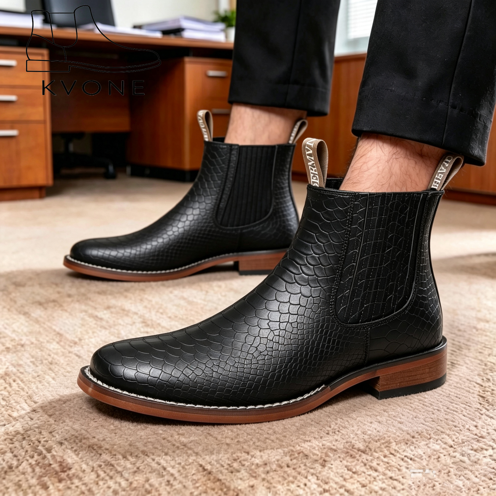 KVONE Chelsea Boots for Men –  Hand-Finished Vintage Patina Sole; square-toe denim Chelsea boots, ankle-high casual Western-style fashion black classic comfortable walking mens shoes,fashionable retro classic walking shoe,menseveryday boots