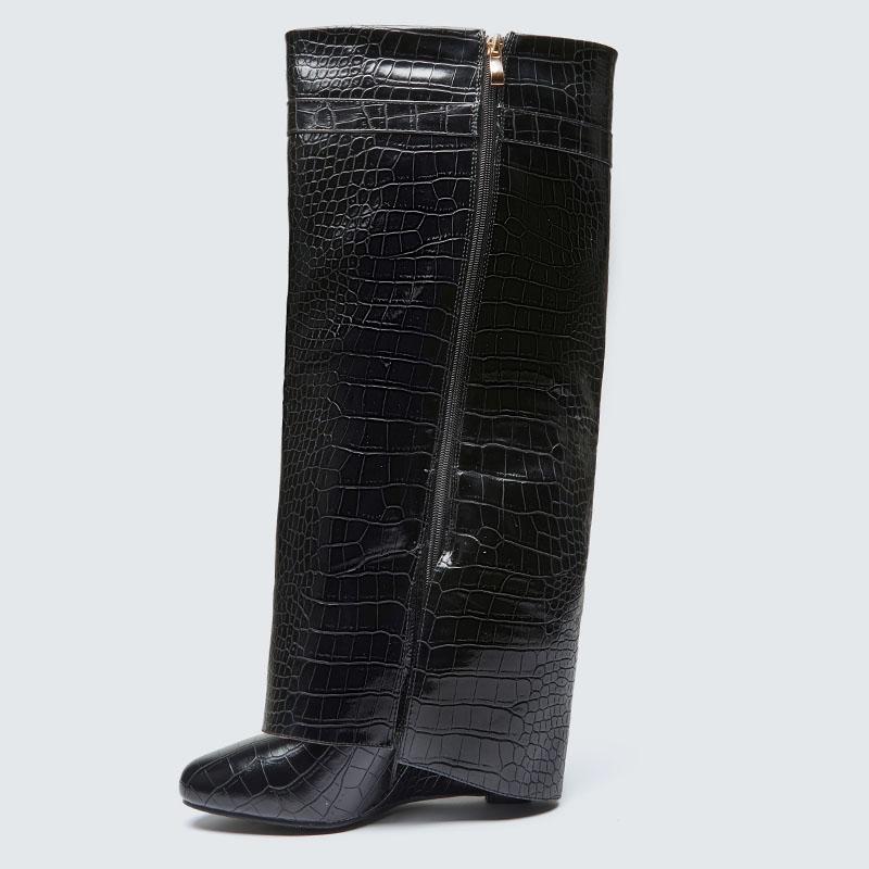 KVONE Women's Knee High Boots, Pointed Toe Stiletto with Slouchy Fold Over Design, Croc Embossed Statement Footwear for Bridal Party Wear, Statement Shoes, Pendant, Elegant, Plain, Graduations