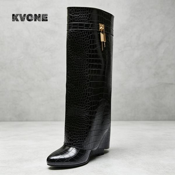 KVONE Women's Knee High Boots, Pointed Toe Stiletto with Slouchy Fold Over Design, Croc Embossed Statement Footwear for Bridal Party Wear, Statement Shoes, Pendant, Elegant, Plain, Graduations