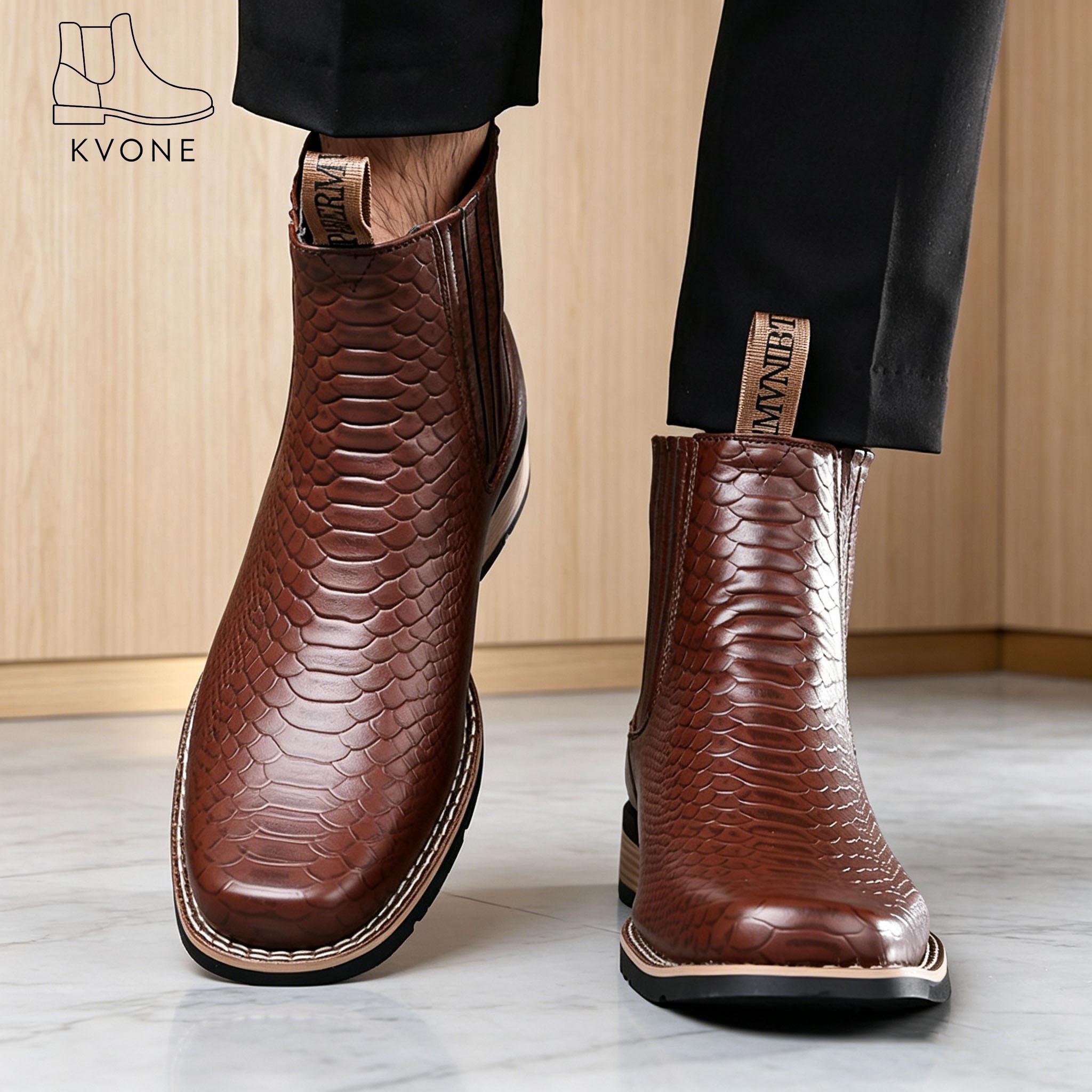 Men’s retro embossed crocodile Chelsea boots with wooden heel—business casual shoes suitable for all seasons, made from embossed crocodile leather; summer square-toe Chelsea boots and Western cowboy boots. Lightweight boots,botas para hombre