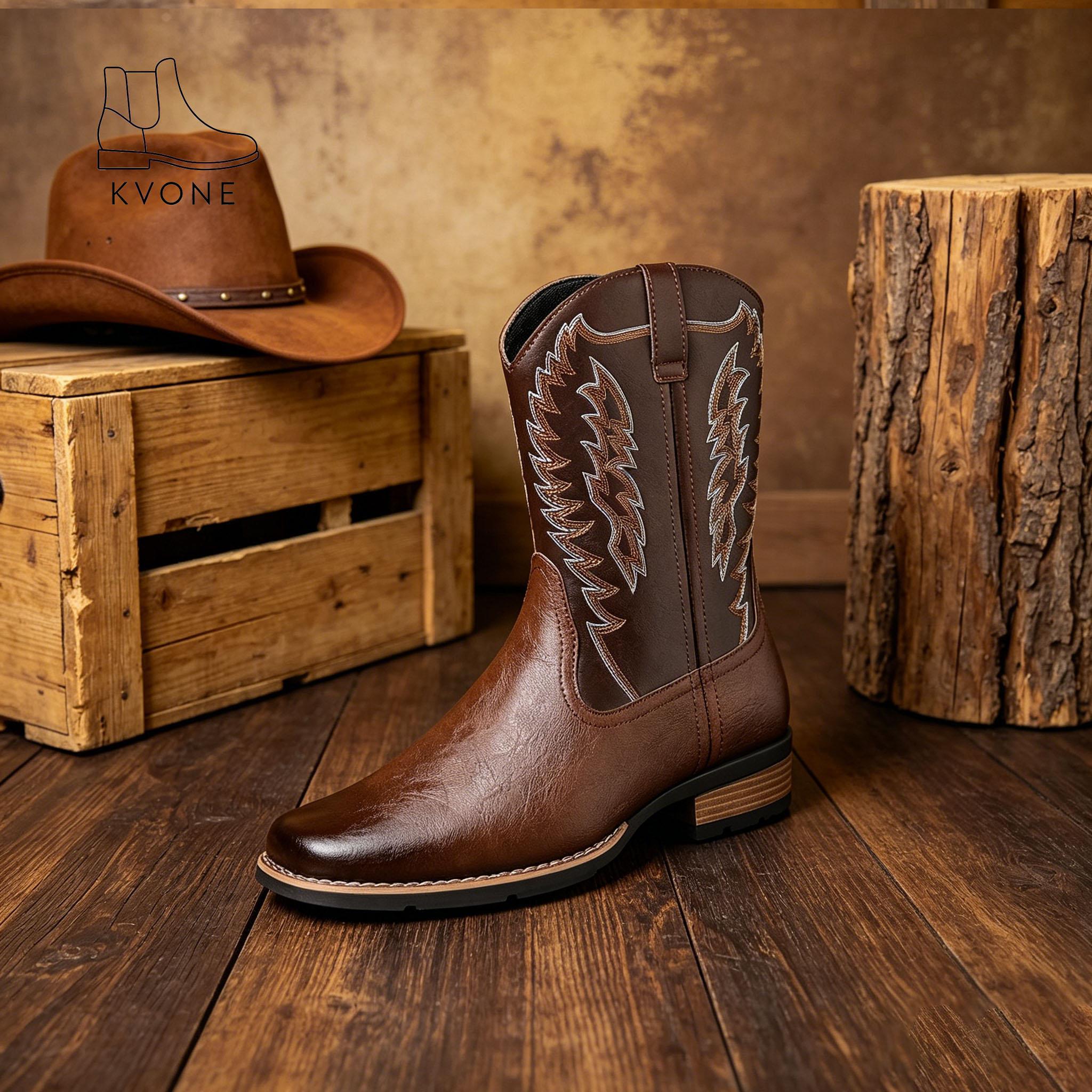 KVONE Men's Fashion Cowboy Boots — men's cowboy boots crafted with Western embroidery techniques, featuring a non-slip pointed toe design, thick sole, and short shaft style. Durable and long-lasting, classic retro style. Men's Shoes botines cowboy boot ou