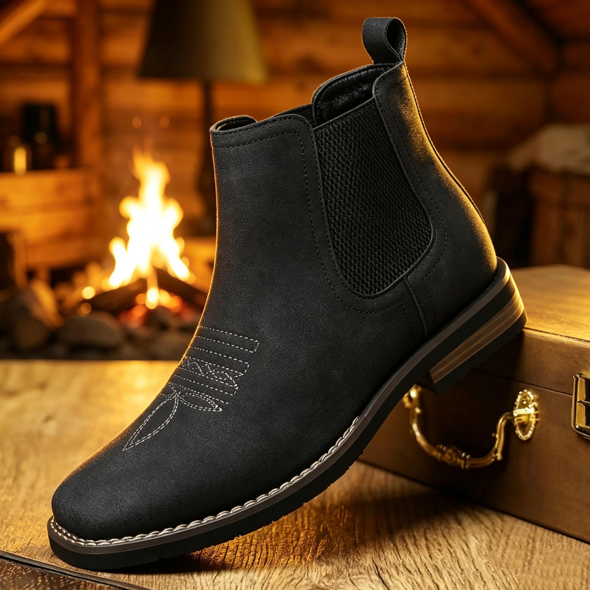 Men’s leather boots; comfortable, safe footwear; square-toe Chelsea ankle boots; Western-style boots; multifunctional men’s Chelsea casual boots; business style; fashion style; versatile style; embroidered men’s Chelsea chukka boots suitable for country w