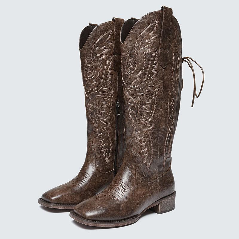 KVONE-Cowboy Boots For Women Knee High Cowgirl Boots,comfortable security footwear,Stylish Western Boots.Side zipper, heel lacing design, convenient for putting on and taking off